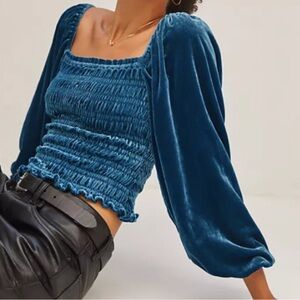 Smocked Velvet Puff Sleeve Top